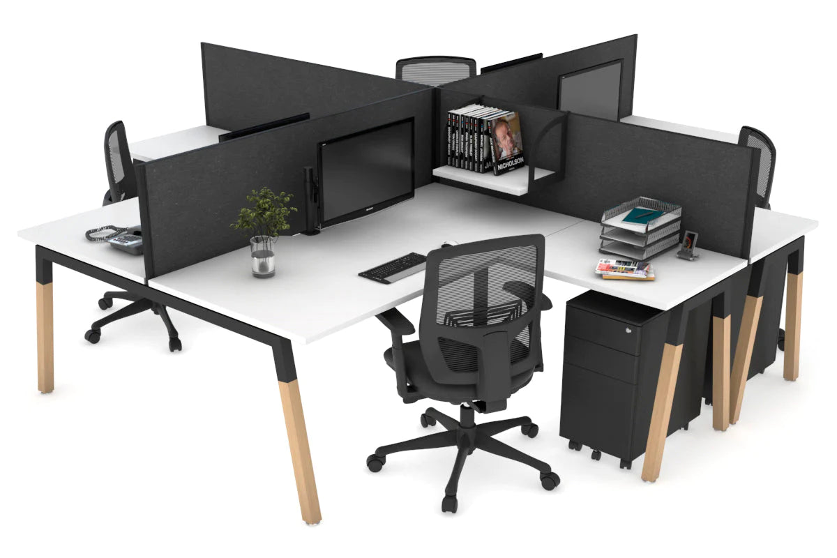 Quadro Wood A Legs Cross Beam 4-Person Corner Workstation Desk - 1600L x 1800W with Cable Management Scallop - Perfect for Office, Home Workspace & Collaborative Environments