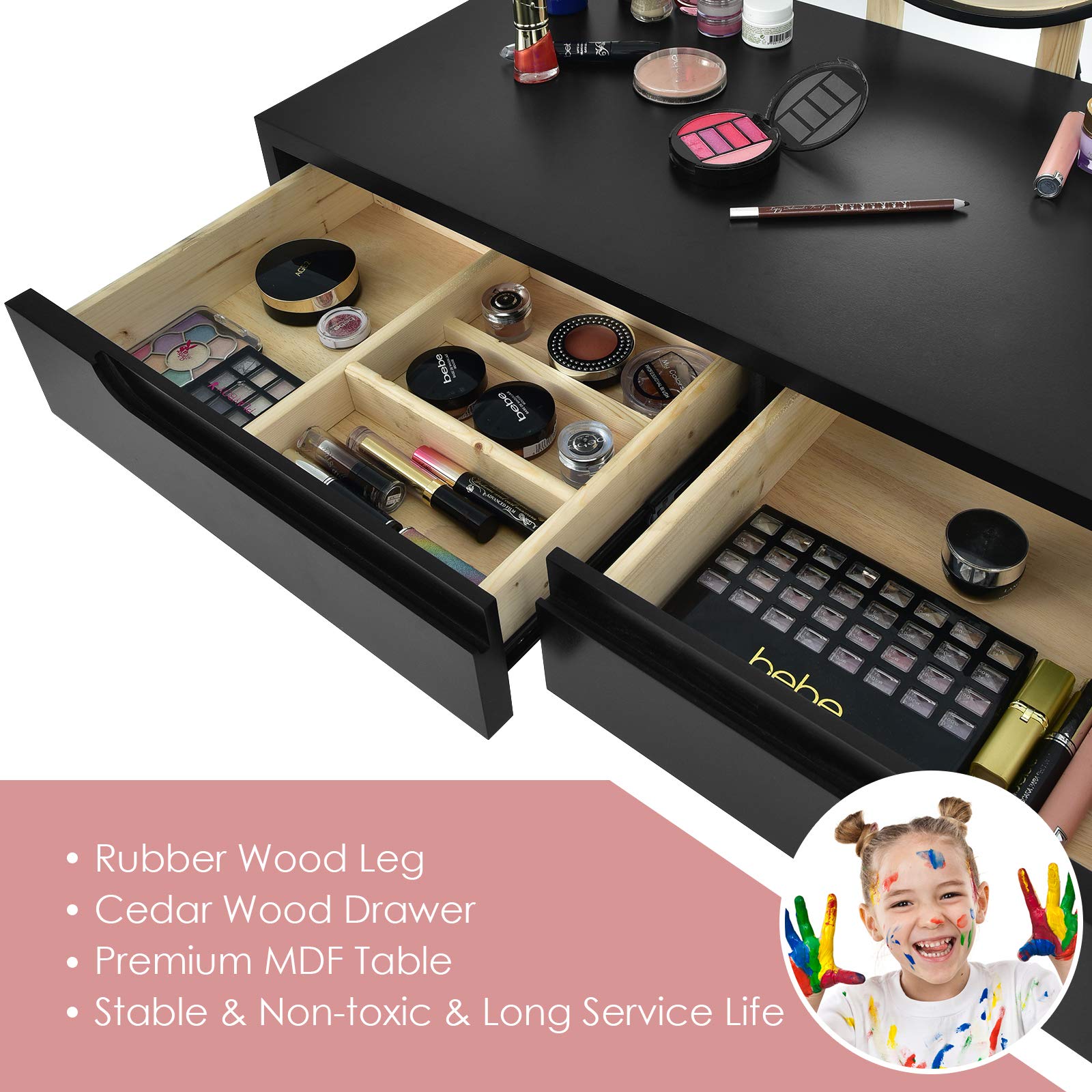 CHARMAID Vanity Set with LED Lighted Mirror - 3 Adjustable Brightness Modes, Makeup Dressing Table with Cushioned Stool, 2 Sliding Drawers & Organizer - Modern Bedroom Vanity for Women & Girls (Black) | Perfect for Makeup Application, Skincare Routine & Bedroom Decor
