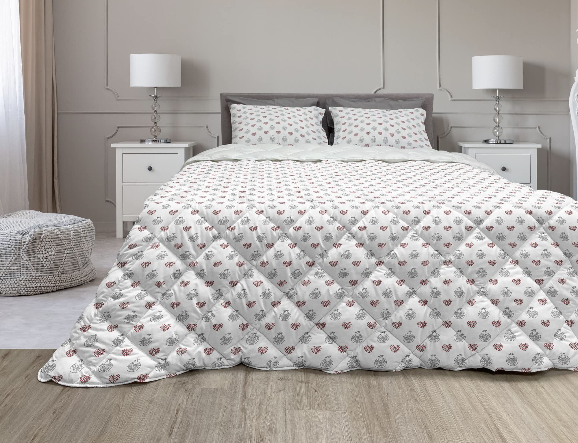 Ambesonne Hearts Comforter & Sham Bedding Set - Abstract Hand Drawn Hearts with Pomegranate Pattern, 3-Piece Microfiber Duvet Set, Queen Size, Scarlet Black & White - Perfect for Modern Bedrooms & Guest Rooms