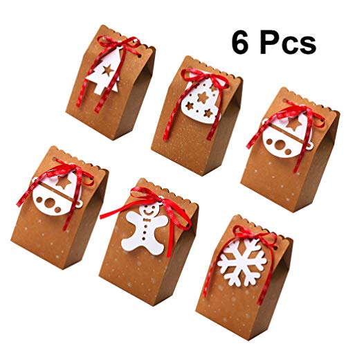 Amosfun 6pcs Christmas Gift Bags with Clips - Kraft Holiday Gift Bags Set Includes Gift Tags & Ribbon - Perfect for Christmas Party Favors, Stocking Stuffers & Holiday Gift Wrapping