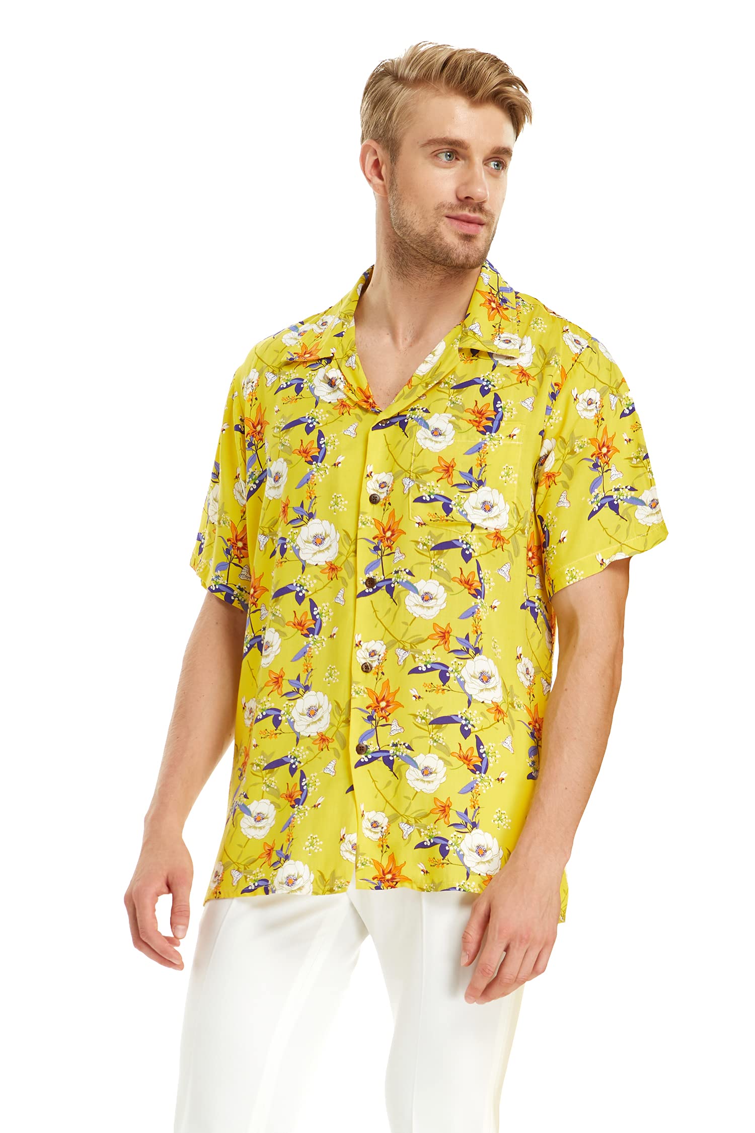Hawaiian Luau Shirt & Dress Set for Couples - Tropical Garden Poppy Yellow Floral Print - Matching Outfits for Beach Vacation, Summer Party & Date Night