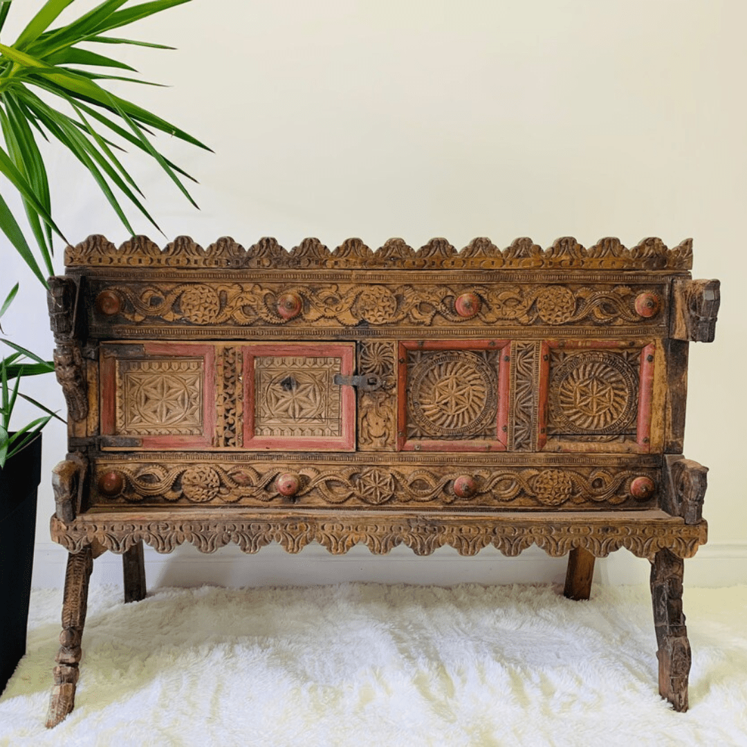 Hand Carved Rustic Wooden Indian Sideboard - Hope Chest & Dowry Storage - Traditional Damchiya for Home Decor & Wedding Gifts | Perfect for Bedroom, Living Room & Cultural Celebrations