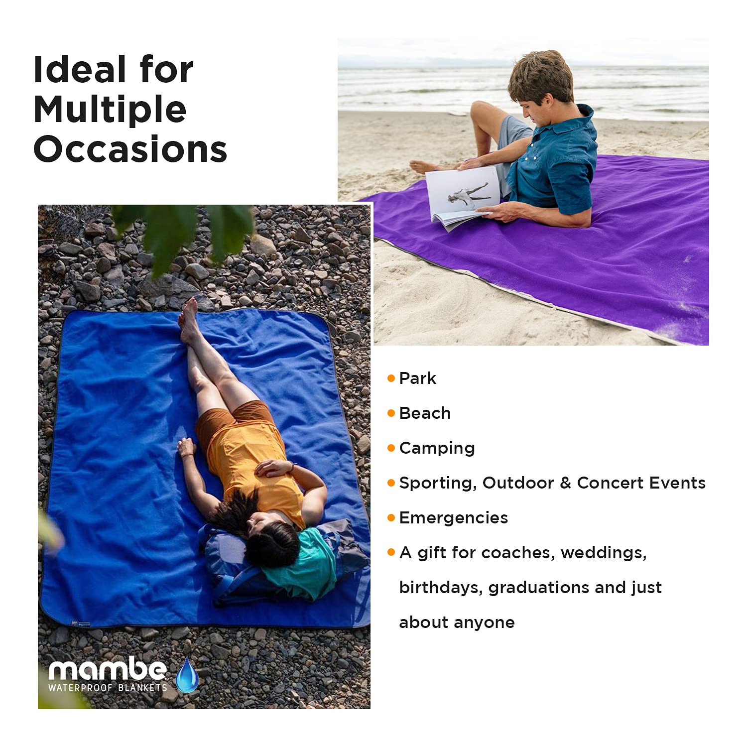 Mambe Large Waterproof Windproof Outdoor Blanket - 100% Fleece & Nylon All-Weather Throw for Camping, Picnics, Beach - Machine Washable Cozy Blanket for Backyard, Hiking & Travel