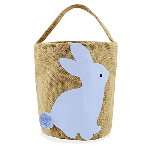 Personalized Linen Easter Bunny Basket with Rabbit Print - Candy Egg Storage Bag for Kids, Easter Egg Hunt Party Favors, Decorations & Gifts (White) - Perfect for Easter Celebrations, Birthday Parties & Spring Festivities