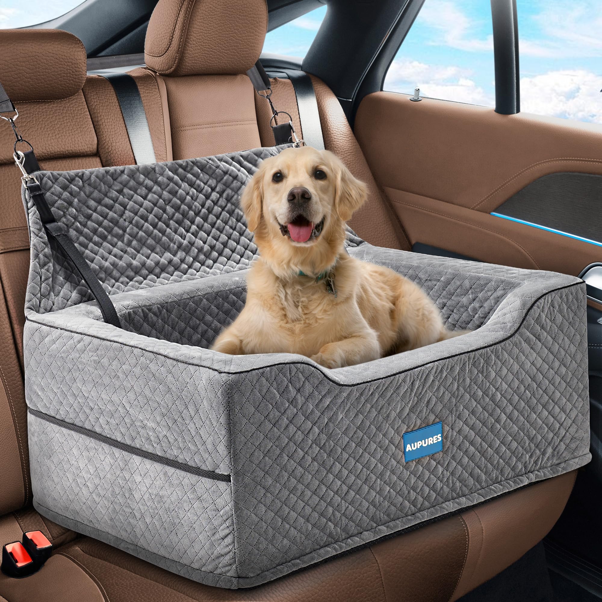 Premium Dog Car Seat for Large & Medium Dogs Up to 55 lbs - Adjustable Height Pet Booster Seat with Safety Belt - Soft Fabric Carrier for Two Small Dogs (Gray) - Perfect for Road Trips & Daily Commutes