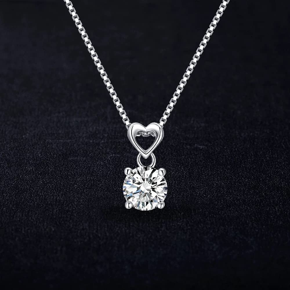 Platinum Plated Solitaire Diamond Pendant Necklace Set for Women - 14K White Gold Jewelry Gift for Her - Elegant Bridal, Anniversary & Birthday Present