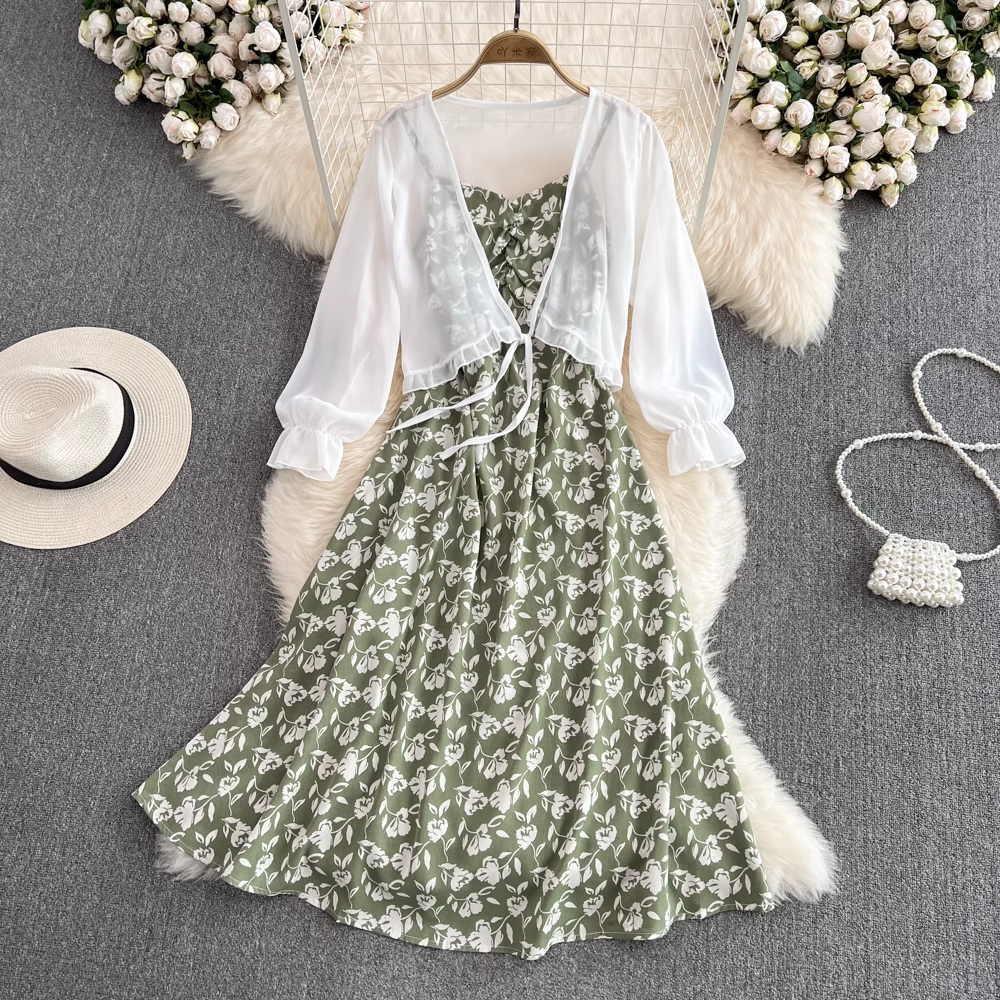 Fairy Chiffon Cardigan & Sleeveless A-Line Floral Dress 2-Piece Set for Women - Summer Beach Cover Up, Boho Wedding Guest Outfit, Casual Date Night Dress