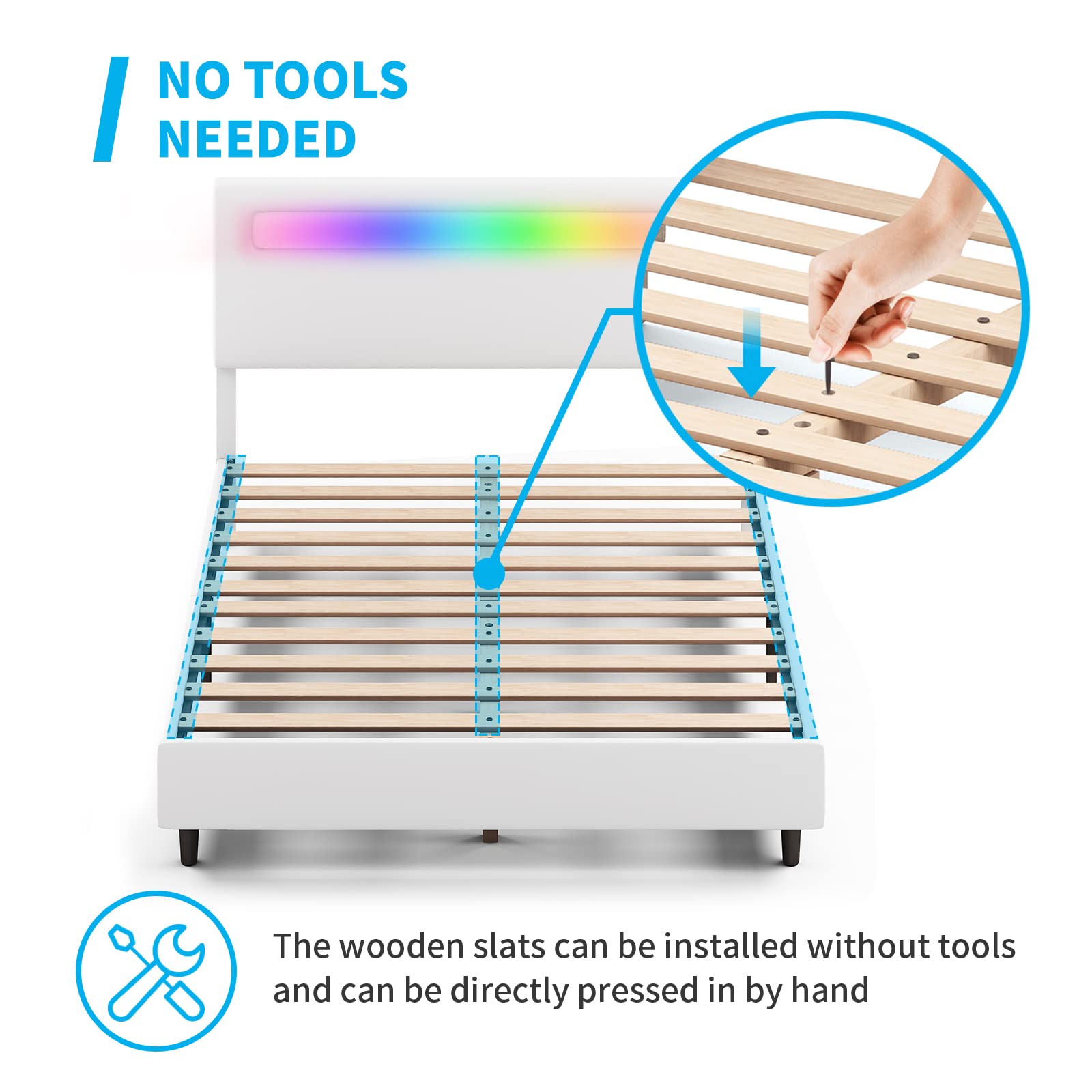 Smart RGB LED Platform Bed Frame Queen Size - Adjustable Headboard, Alexa & App Compatible, No Box Spring Needed - White | Modern Bedroom Lighting for Smart Homes & Gaming Setups