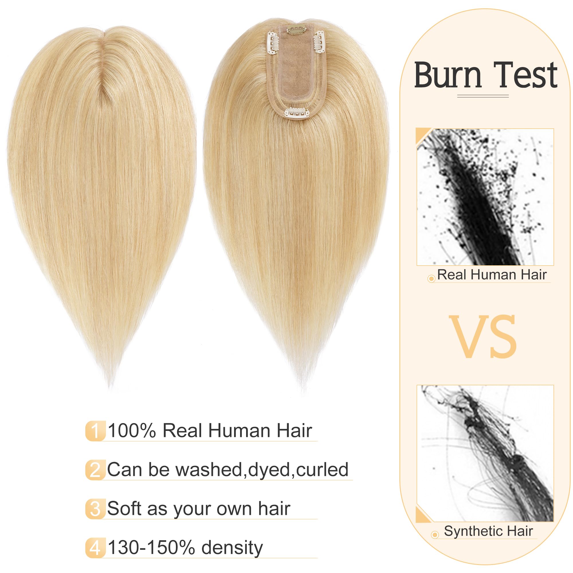 SEGO 100% Real Human Hair Toppers for Women with Thinning Hair - 7x13cm Silk Base Clip-in Top Wiglet Hairpiece (14 Inch, No Bangs, Ash Blonde & Bleach Blonde) - Perfect for Daily Wear, Parties & Special Occasions