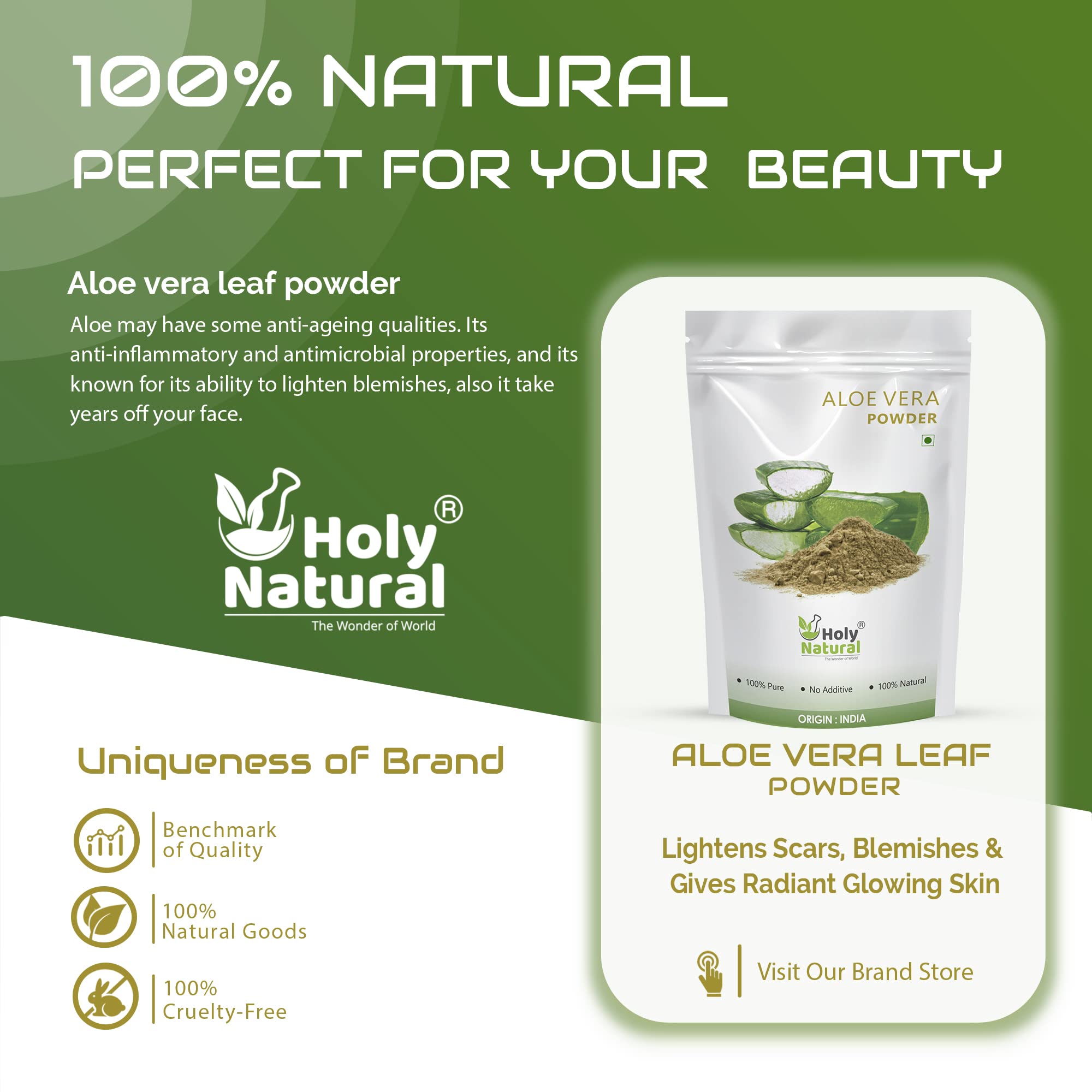 Holy Natural Aloe Vera Powder - 250g | Organic Aloe Powder for Hair & Skin Care | Suitable for All Hair & Skin Types | Men & Women | DIY Face Masks, Hair Treatments & Soothing Sunburn Relief