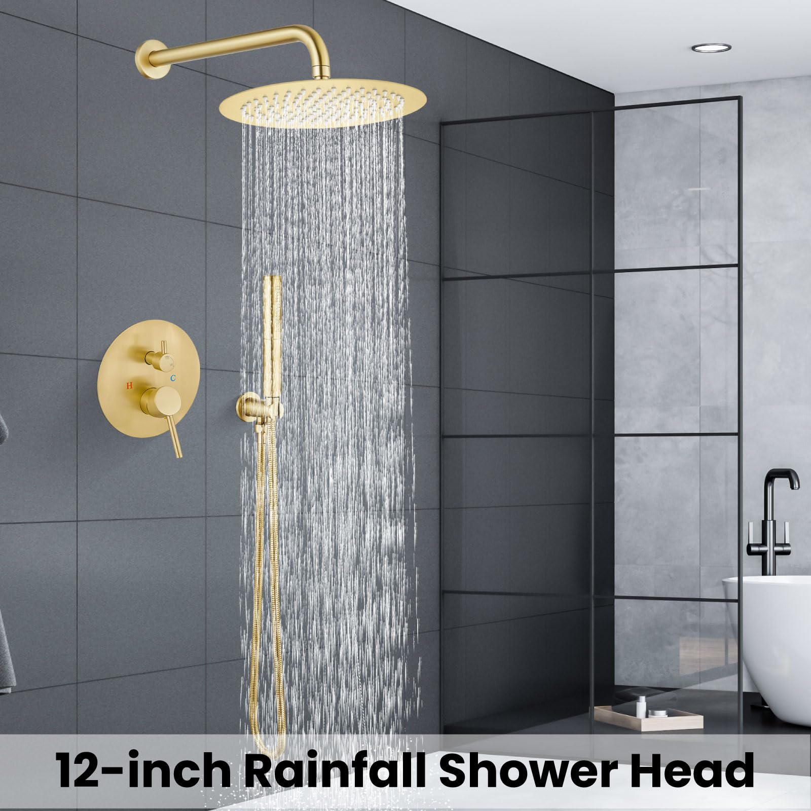 Airuida 2-Function Wall Mounted Shower Faucet Set - High Pressure Brass Handheld Shower with Rough-in Valve & 12 Inch Round Rainfall Shower Head in Brushed Gold | Perfect for Modern Bathroom Renovations & Spa-Like Shower Experience