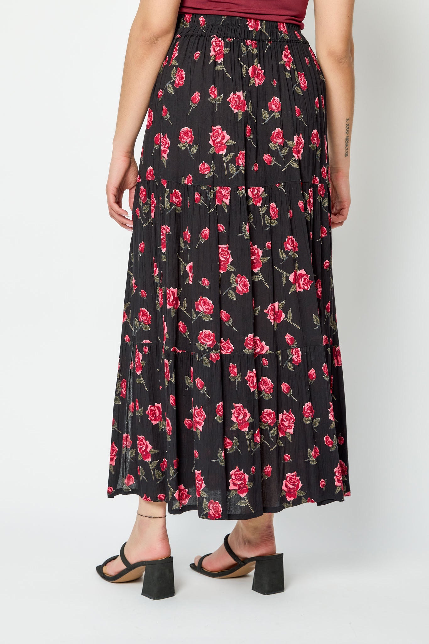 Elegant Roses Tiered Maxi Skirt for Women - Flowy Boho Summer Dress with Pockets | Perfect for Beach, Vacation & Casual Outfits