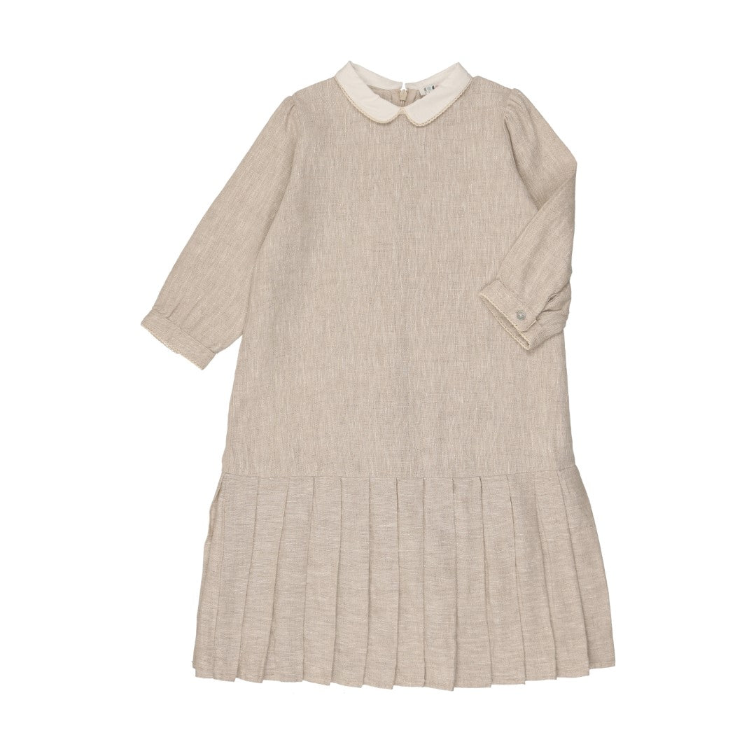 Coco Blanc Drop Pleat Sand Linen Dress - Women's Summer Boho Beach Dress for Vacation, Wedding & Casual Outings