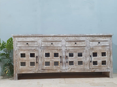 Handmade Carved Indian Mango Wood Sideboard with 4 Drawers & 4 Doors - Whitewashed Finish | Perfect for Dining Room Storage & Farmhouse Decor