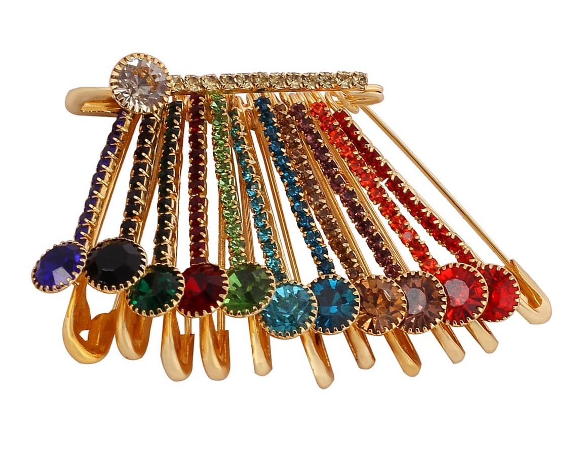 VAMA FASHIONS Golden Crystal Stone Brooch Pins for Saree, Dress, Shawl & Gown - Elegant Bridal Safety Pins for Women & Girls - Perfect for Weddings, Parties & Special Occasions