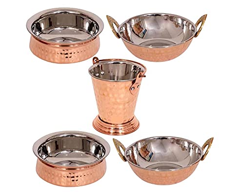 Premium Stainless Steel & Copper Cookware Set - 2 Handi Pots, 2 Kadai Pans & 1 Balti Bucket for Indian Cooking | Traditional Kitchen Utensils for Curry, Biryani & Stews | Ideal for Home Chefs & Restaurant Use