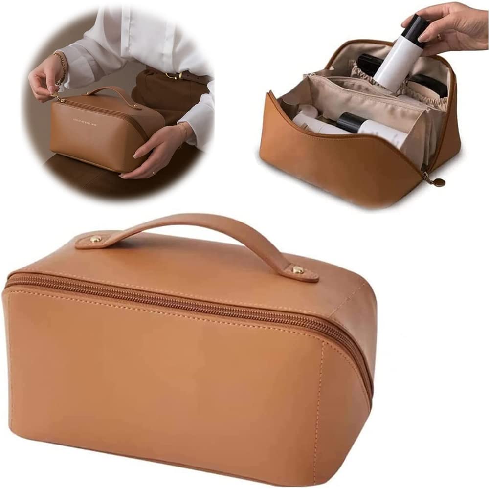 2024 Women's Large Capacity Travel Cosmetic Bag - Double Layer PU Leather Makeup Organizer & Toiletry Bag for Women & Girls (Brown) - Perfect for Vacation, Business Trips & Daily Makeup Storage