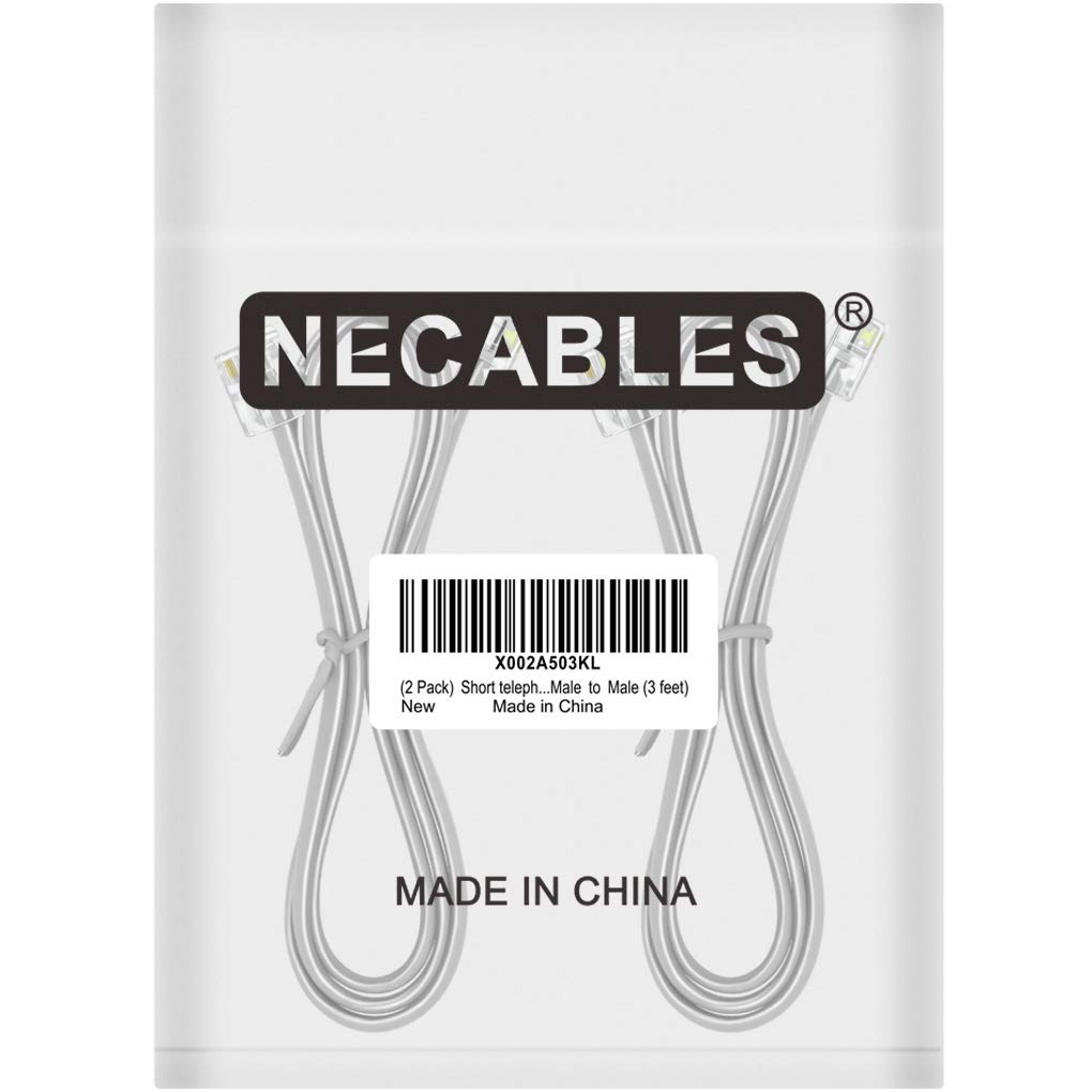 NECABLES 2-Pack 3ft RJ11 6P4C Male to Male Telephone Cord - Durable Landline Phone & Fax Cable for Home & Office Use