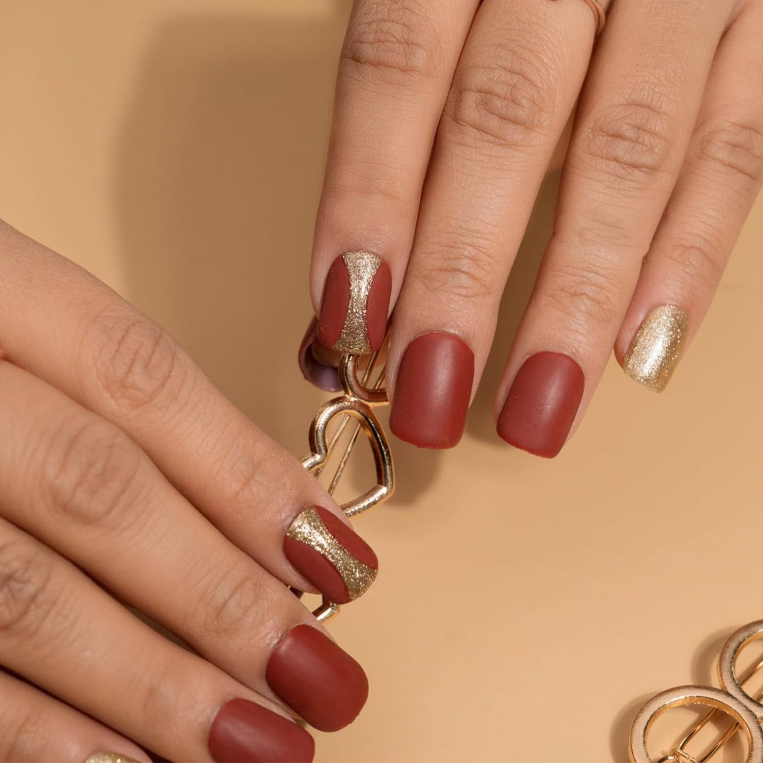 Premium Fake Press-On Nails - Red Gold Set of 20 | Reusable Full Coverage Artificial Nails with UV Gel Polish Coating | Easy to Apply Stick-On Nail Extensions for Both Hands | Perfect for Parties, Weddings, Date Nights & Everyday Wear