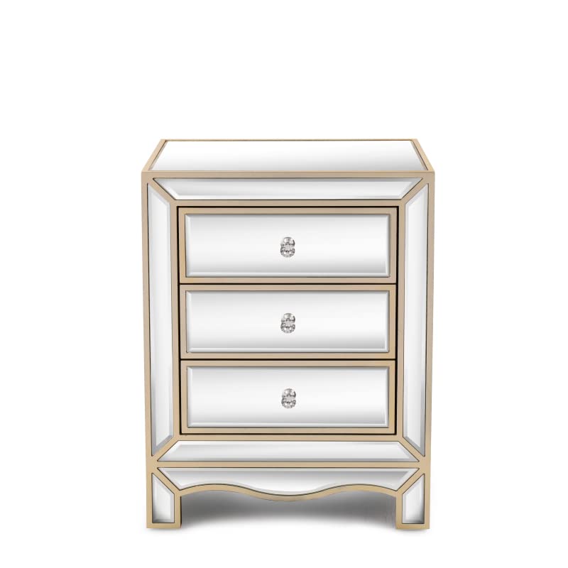 RIVENNA 3-Drawer Mirrored Nightstand - Champagne Silver End Table with Mirror Accents for Bedroom | Stylish Bedside Cabinet for Modern Home Decor