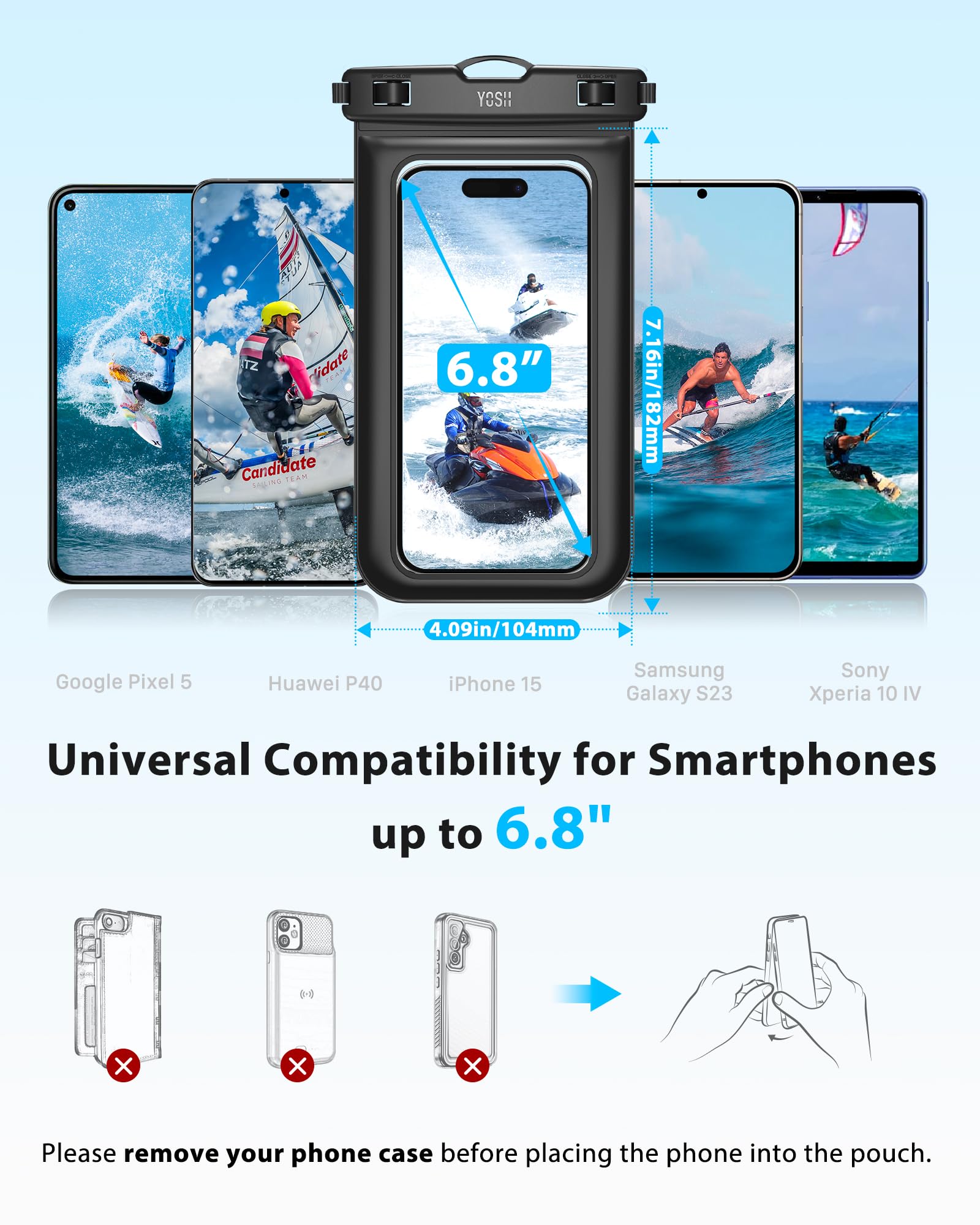 **2 Pack YOSH Waterproof Phone Pouch IPX8 - Compatible with iPhone 16/15/14/13/12/11 Pro Max/XS/XR/X/8/7/SE & Samsung S24/S23/S22 (Up to 6.8
