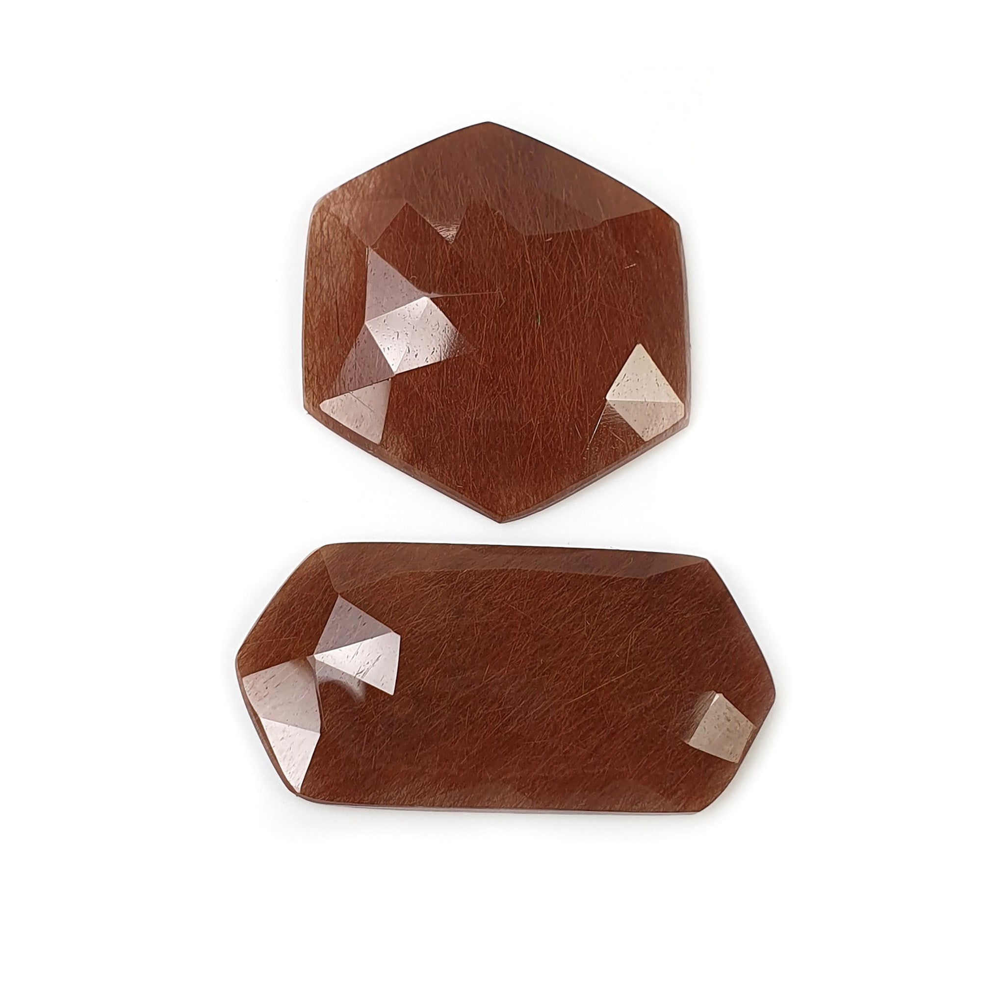 Natural Brown Rutile Quartz Gemstone - 37.80cts Untreated Hexagon Rose Cut (32x15mm & 24mm 2pcs) for Jewelry Making, Healing Crystals & Mineral Collection - Includes Video