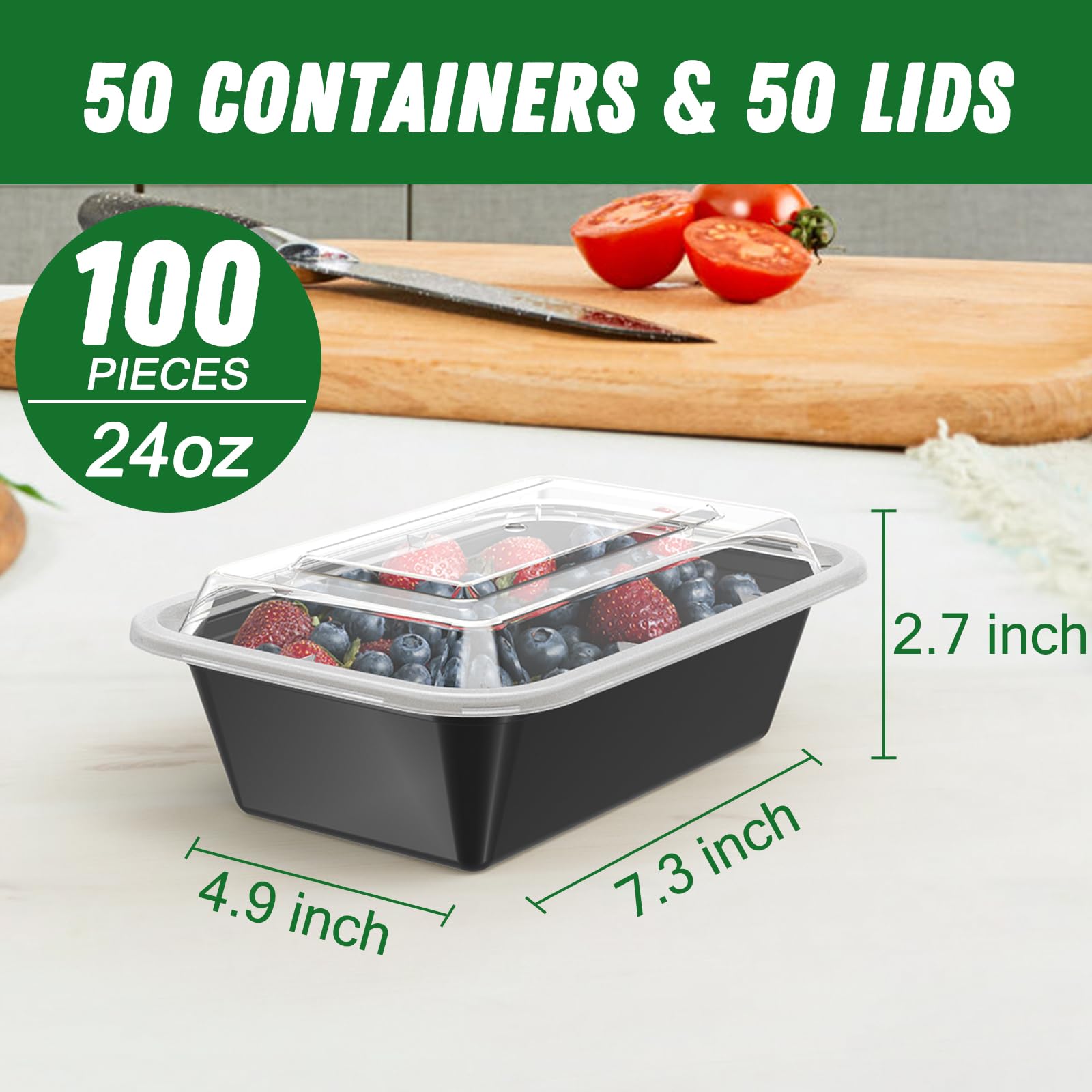 50-Pack (100-Piece) 24 oz Reusable Meal Prep Containers with Lids - Leakproof, Microwave, Freezer & Dishwasher Safe - BPA-Free Plastic Food Storage Containers for Meal Prepping, Leftovers, Takeout & Office Lunch