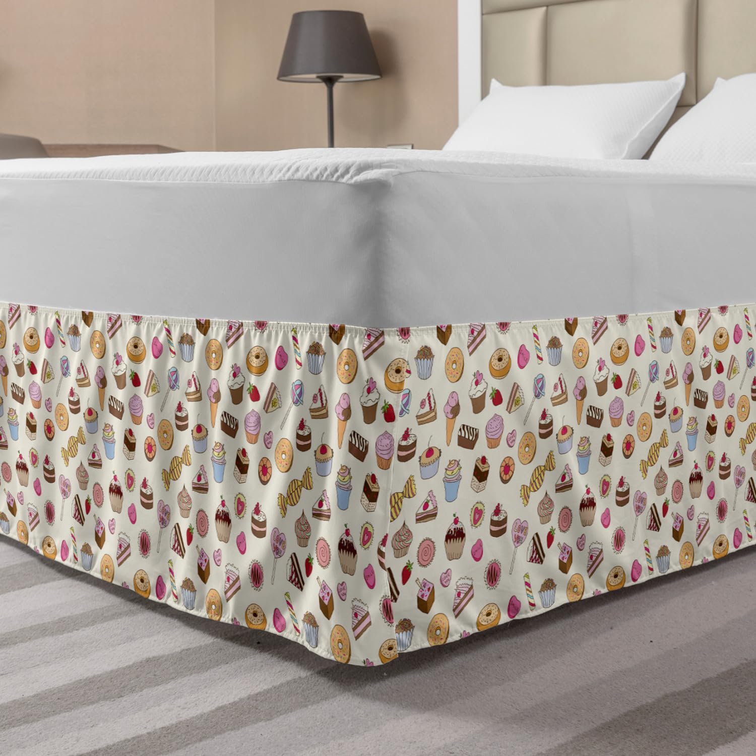 Ambesonne Dessert Bed Skirt - Candy & Chocolate Pattern, Queen Size for Sweet Bedroom Decor