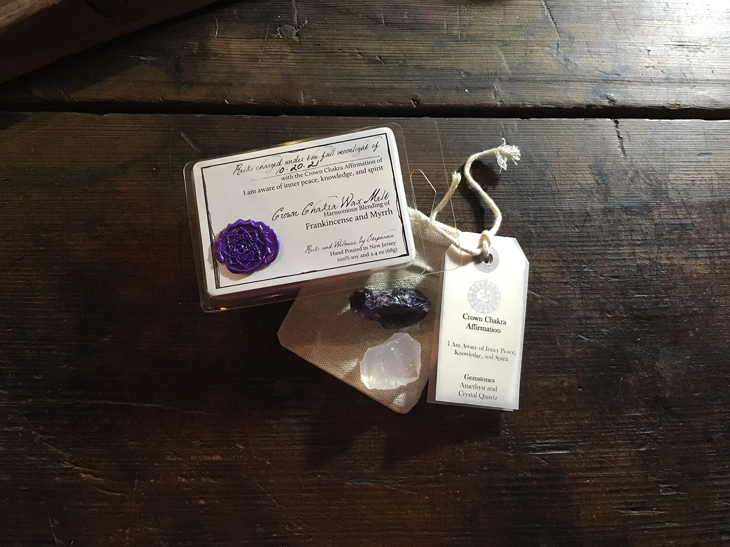 Reiki Charged Healing Crystals Set with Chakra Wax Melts & Wax Warmer - Raw Gemstones, Tealight Candle & Affirmation Cards for Meditation, Manifestation & Relaxation Gifts (Crown Chakra) - Perfect for Yoga, Spiritual Healing & Home Decor