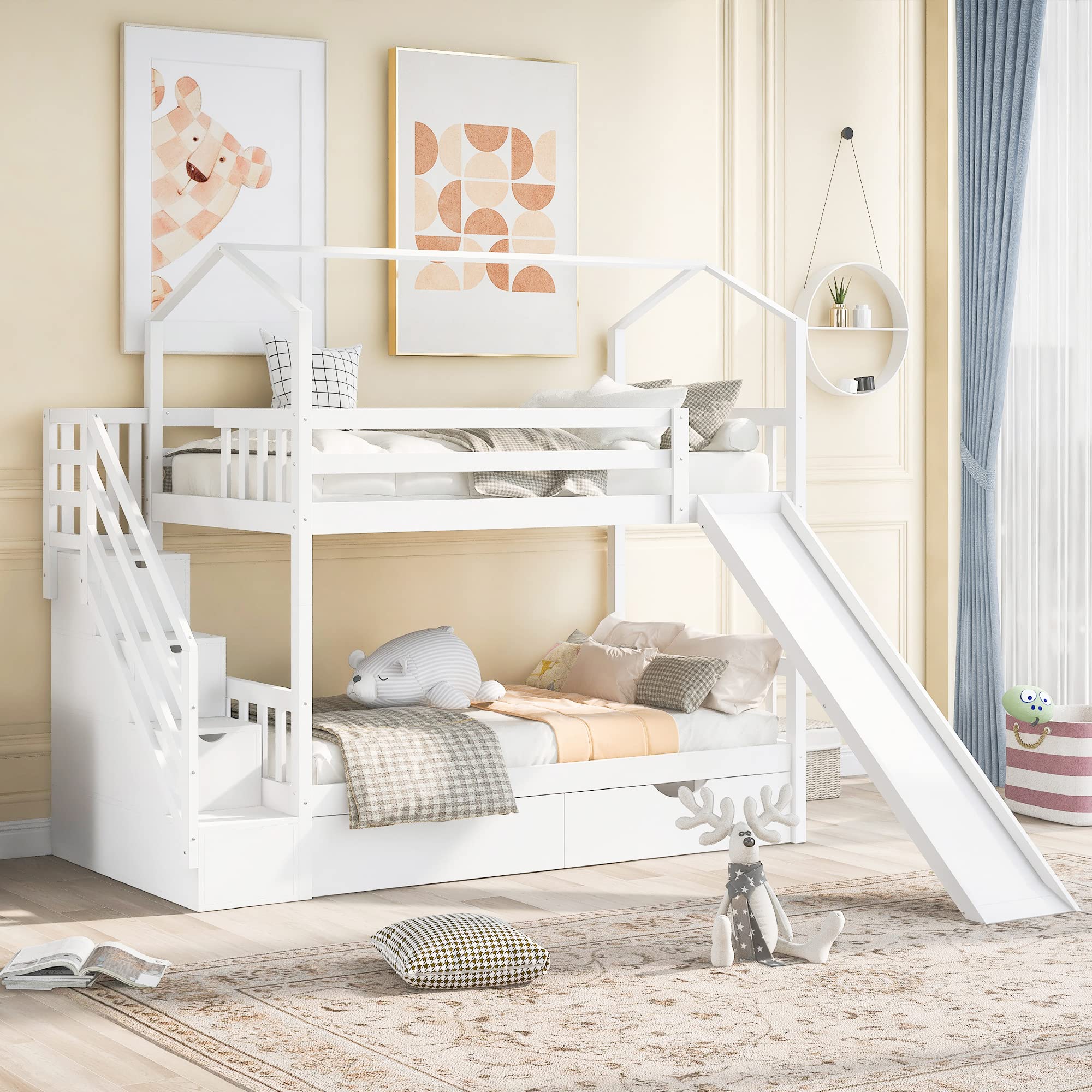 Twin Over Twin Bunk Bed with Slide - Wooden House-Shaped Kids Bunk Bed for Boys & Girls - Built-in Storage & Slats (No Bunkie Board Needed) - Perfect for Small Bedrooms, Playrooms & Sleepovers