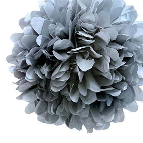 Quasimoon EZ-Fluff 8 Inch Silver Tissue Paper Pom Pom Flowers - 4 Pack Pre-Folded Hanging Decorations for Weddings, Baby Showers & Home Party Decor