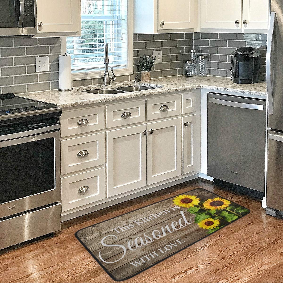 Washable Kitchen Rug Floor Mat - Anti-Fatigue Cushion with Sunflower Design for Wooden Floors | Non-Slip Comfort Mat for Cooking, Baking & Dishwashing Areas