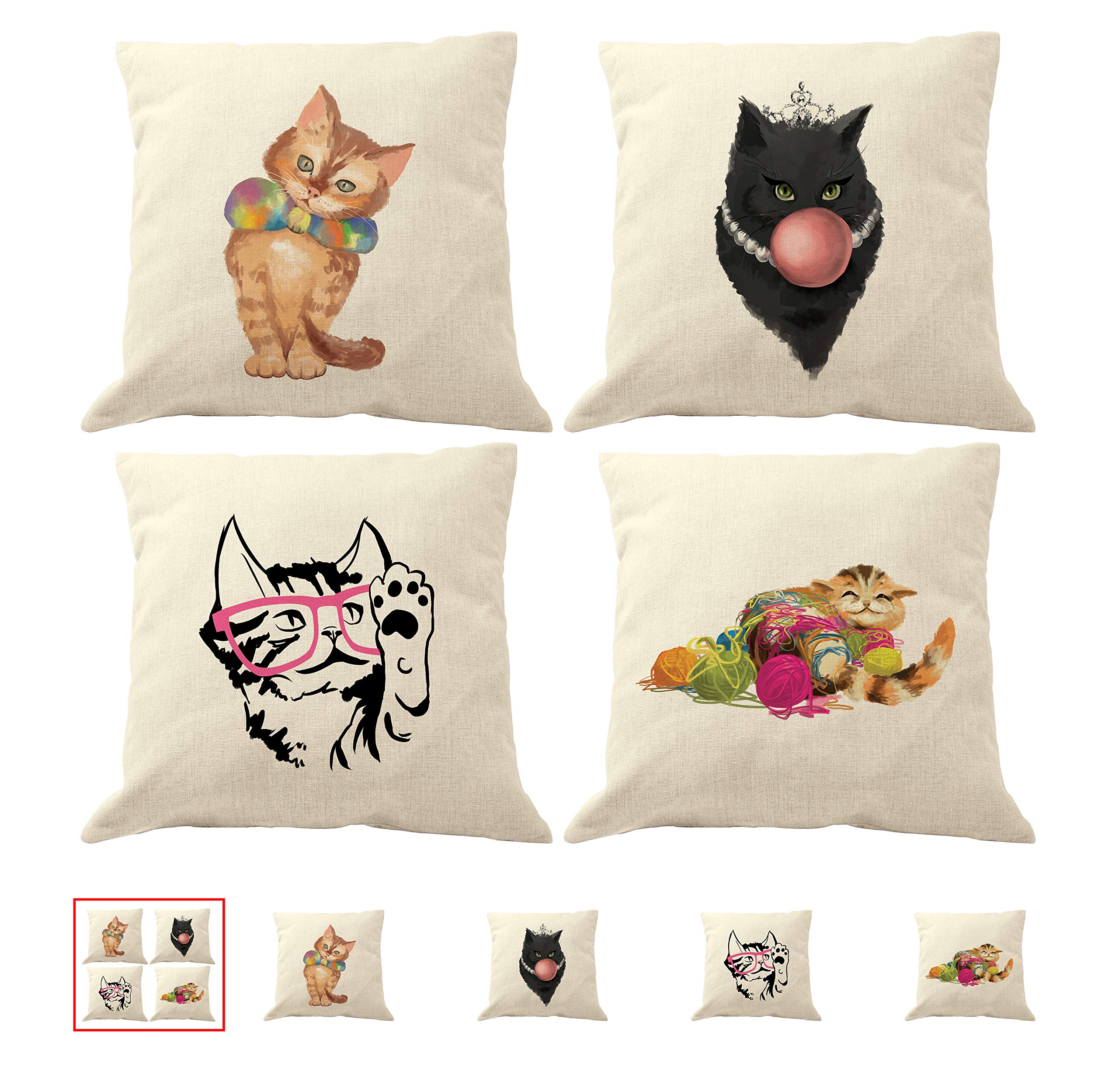 18x18 Cat Pillow Covers - Cotton Linen Kitty Throw Pillows for Cat Lovers | Home Decor, Sofa & Couch
