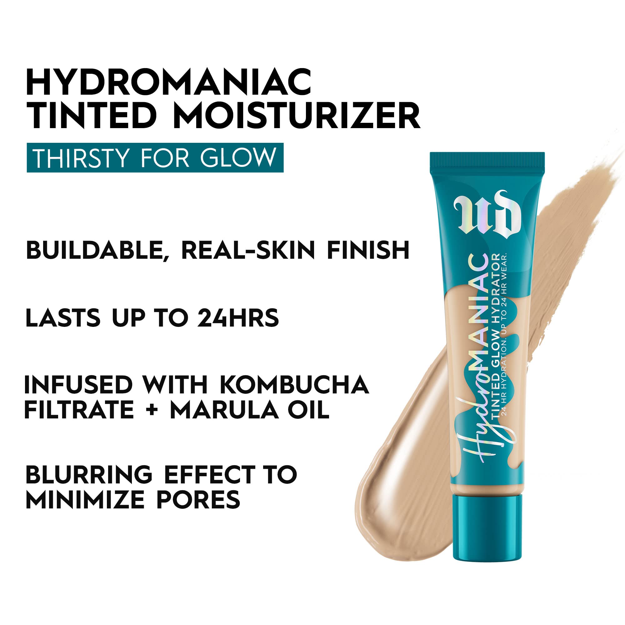 Urban Decay Hydromaniac Dewy Foundation - Hydrating Tinted Moisturizer for Dry Skin with Kombucha & Marula Oil | Buildable Medium Coverage | Non-Comedogenic, Vegan & Cruelty-Free (1.1 fl oz) | Perfect for Daily Wear & Natural Makeup Looks