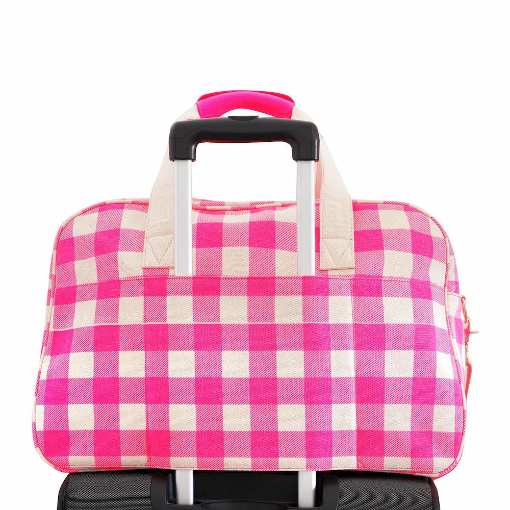 Bon Voyage Weekender Bag - Neon Pink & Tan Floral Print Travel Duffel | Perfect for Weekend Getaways, Gym, and Carry-On Luggage