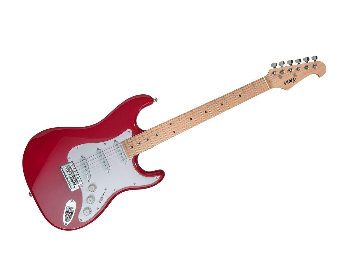 Monoprice Cali Classic Electric Guitar - Wine Red, 6-String Solid Body, Right-Handed, SSS Pickups, Full-Range Tone with Gig Bag | Beginner Guitar for Rock, Blues & Practice | Indio Series