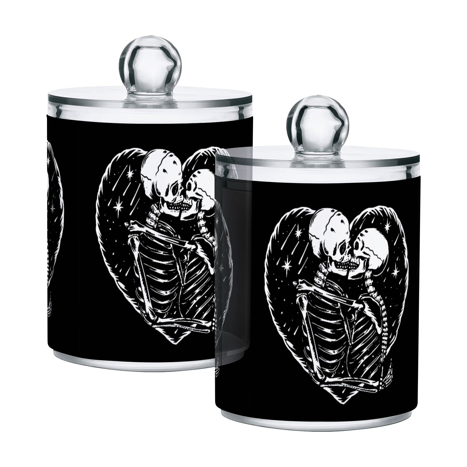 Skull Kiss Bathroom Canisters Organizer 2 Pack - 10oz Clear Plastic Jars with Lids for Cotton Pads, Balls, Swabs & Floss - Perfect for Bathroom Countertop, Vanity & Makeup Organization