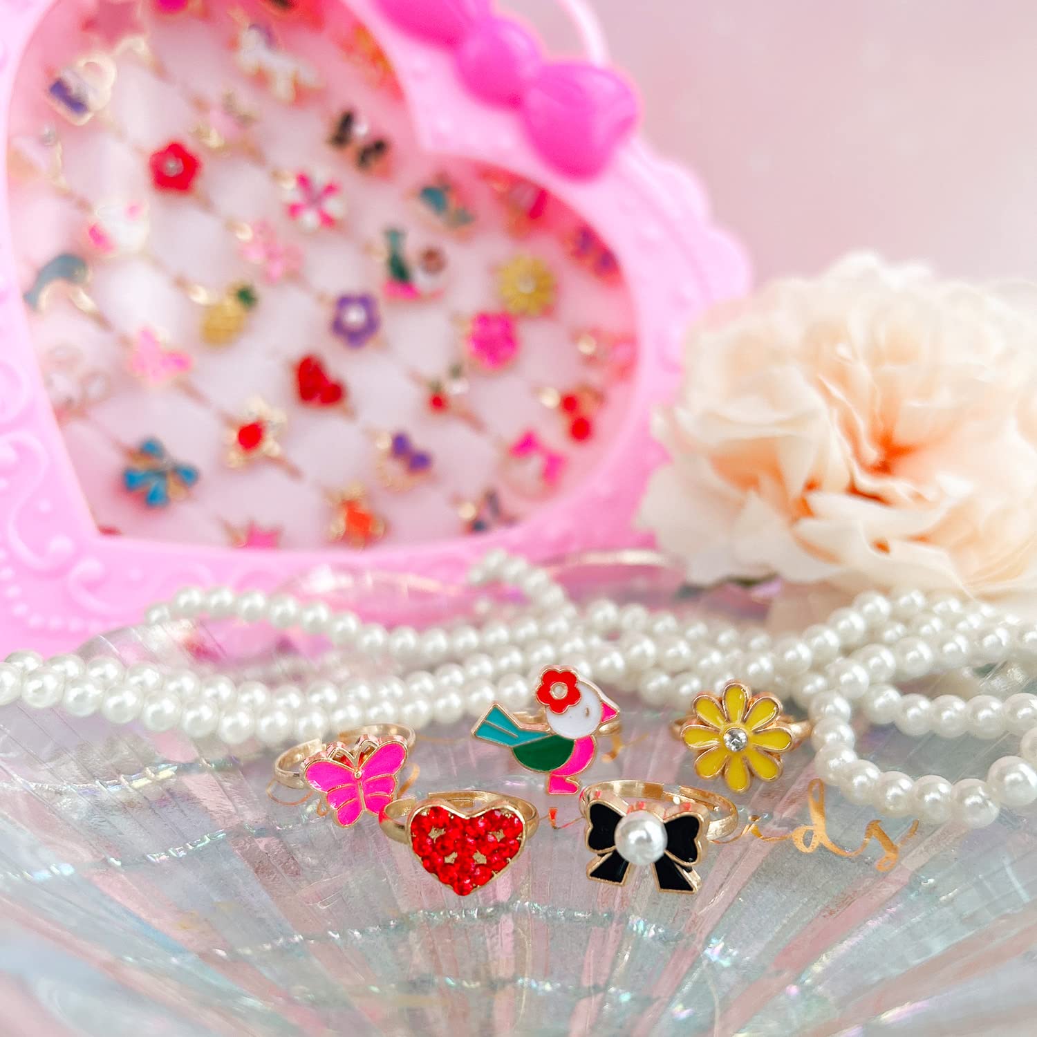 36pcs Adjustable Kids Jewelry Rings Set for Girls - Heart Shaped Display Case - Pretend Play, Dress Up & Party Accessories for Little Girls - Perfect for Birthdays, Gifts & Role Play Fun