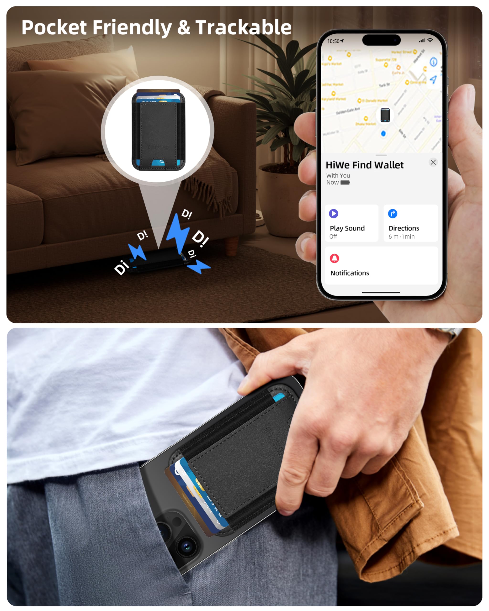 HiWe MagSafe Wallet with Rechargeable Find My Tracker - Slim Vegan Leather Magnetic Wallet for iPhone 16/15/14/13/12 Series | RFID Blocking, 1 Card Slot | Perfect for Travel, Work & Everyday Carry (Black)