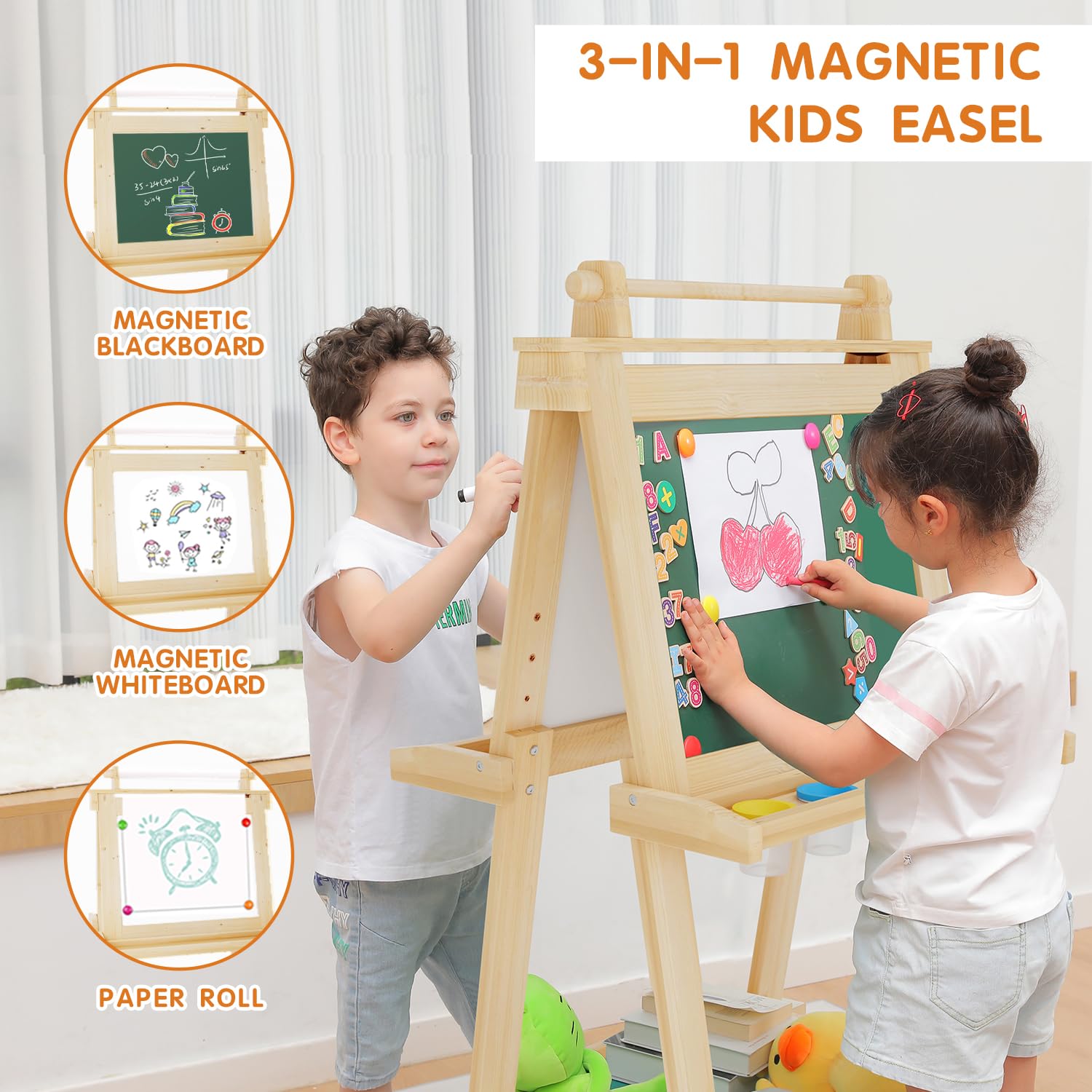 Deluxe Foldable Kids Easel - All-in-1 Magnetic Chalkboard & Whiteboard Art Center with Paper Roll & 84 Accessories - Natural Wood Toddler Drawing Board for Boys & Girls Ages 3-8 - Perfect for Home, Classroom & Creative Play