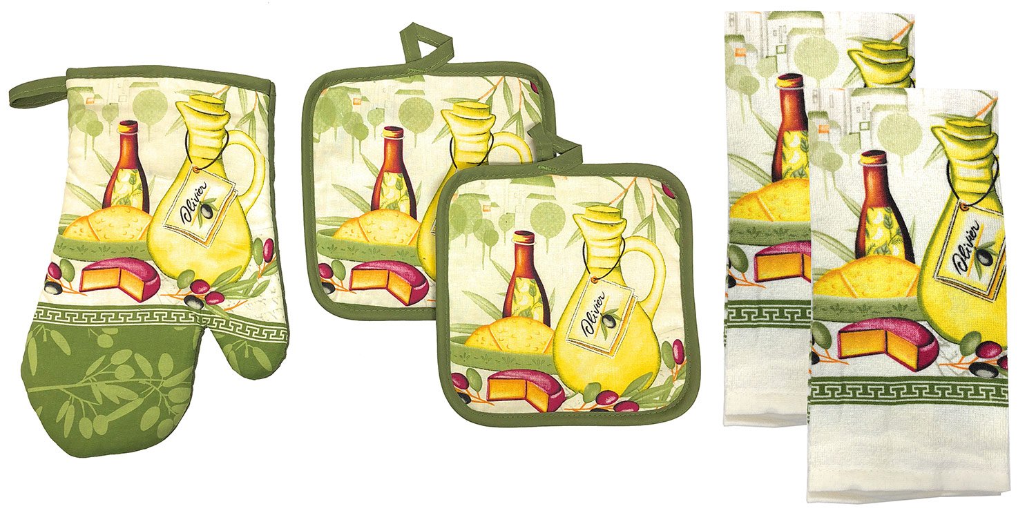 5-Piece Kitchen Linen Set - 1 Oven Mitt, 2 Pot Holders & 2 Kitchen Towels | Premium Cotton Heat Resistant Cooking Accessories | Value Pack Gift for Home Chefs | Olive Green Kitchen Decor | Perfect for Baking, Cooking & Kitchen Organization