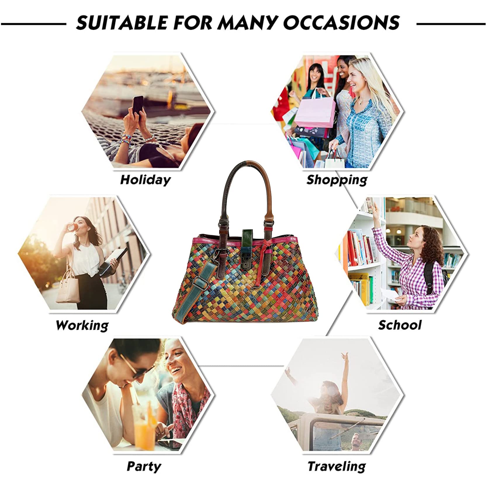 Women's Designer Genuine Leather Handbag - Multicolor Splicing Woven Satchel Purse with Top Handle, Shoulder Strap & Crossbody Option | Perfect for Work, Travel & Everyday Use