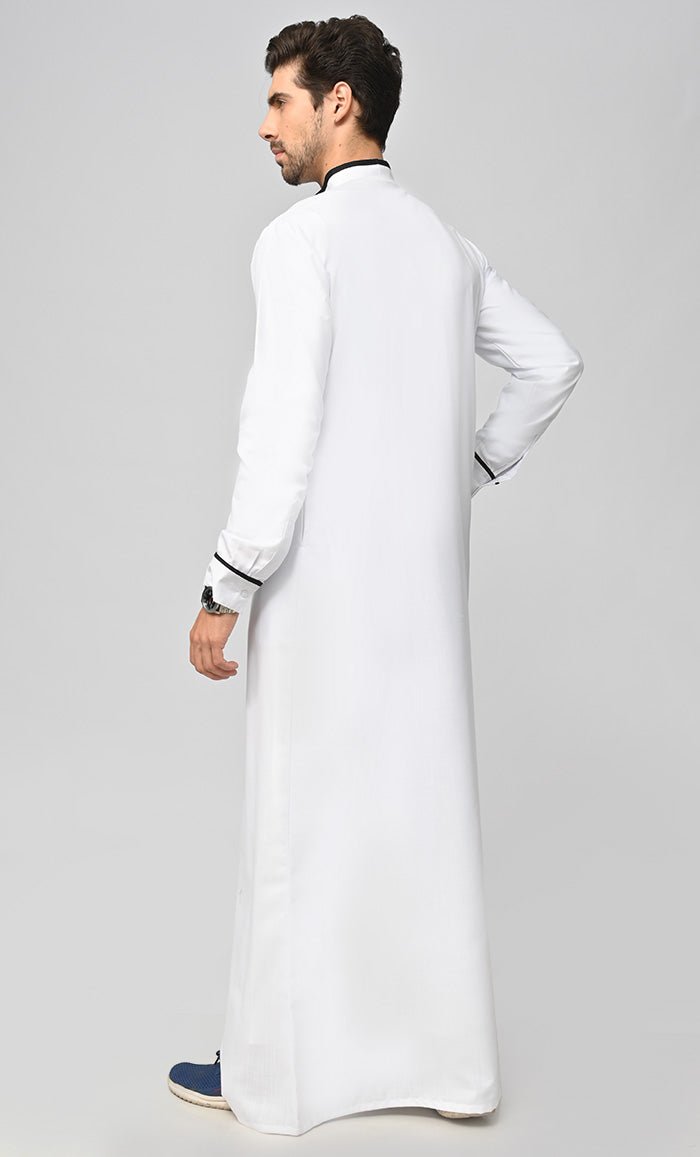 Premium Men's Black Embroidered Thobe/Jubba with Pockets - Traditional Islamic Long Dress for Eid, Ramadan & Special Occasions