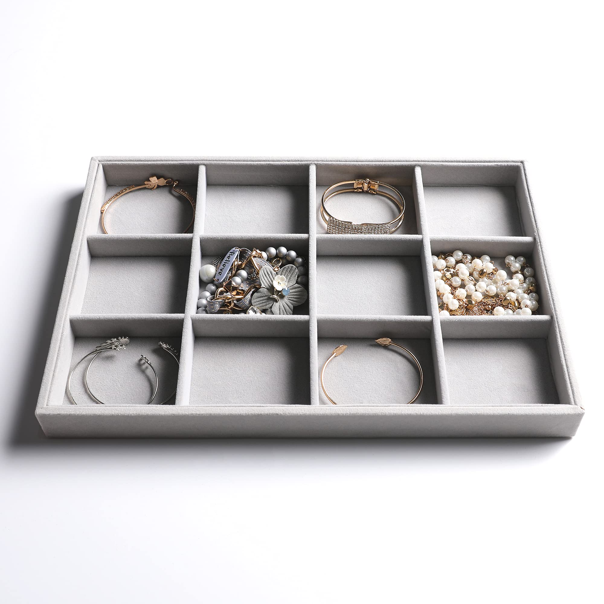 Frebeauty Stackable Velvet Jewelry Organizer Trays - 2-Piece Set for Necklaces, Rings, Bracelets & Earrings | Drawer Inserts & Display Case for Women & Girls (Grey) | Perfect for Bedroom Vanity, Closet & Travel Jewelry Storage