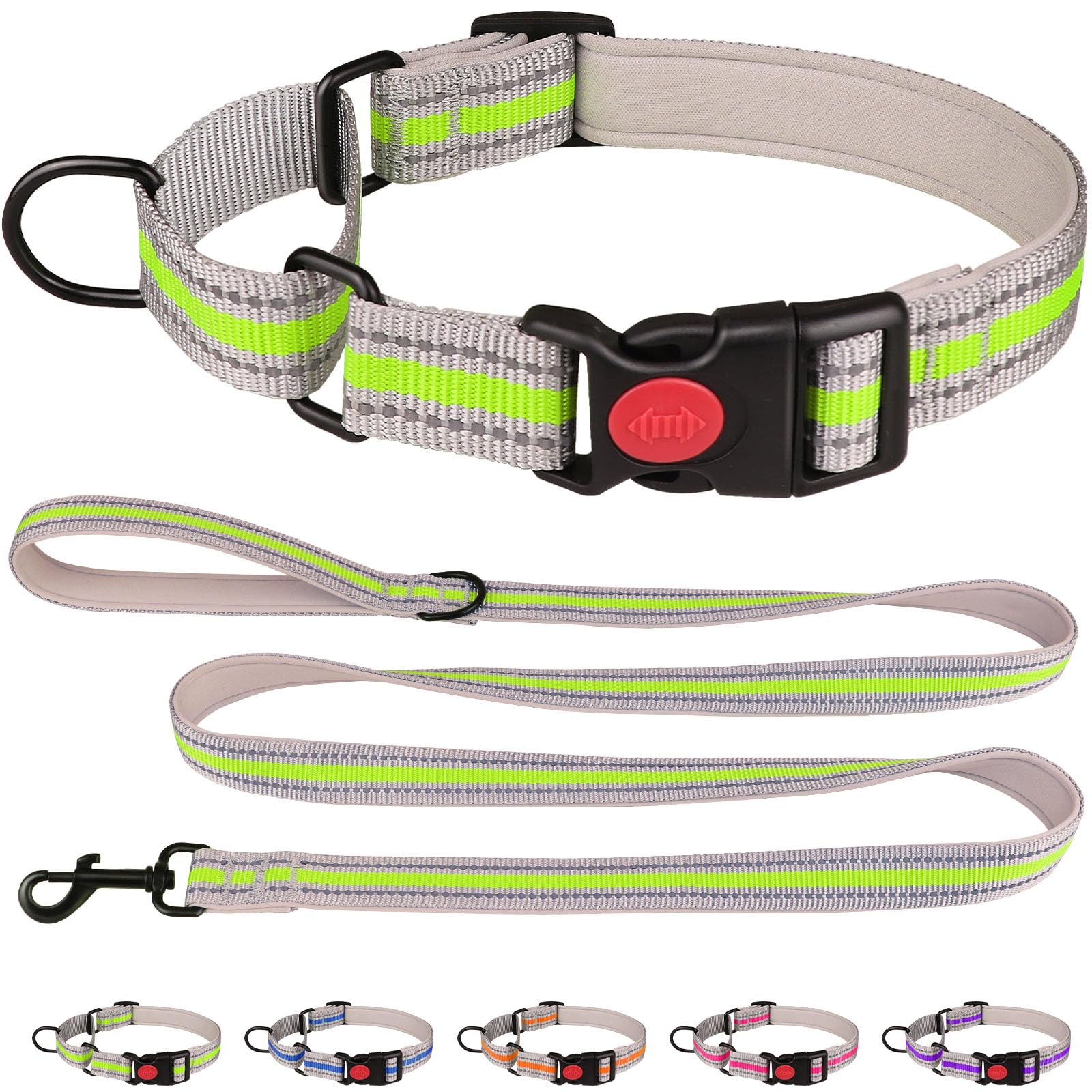**Reflective Martingale Dog Collar & Leash Set - Soft Neoprene Padded, Safety Buckle, Adjustable Nylon Collar for Small Dogs (Green, S) - Perfect for Night Walks & Training**