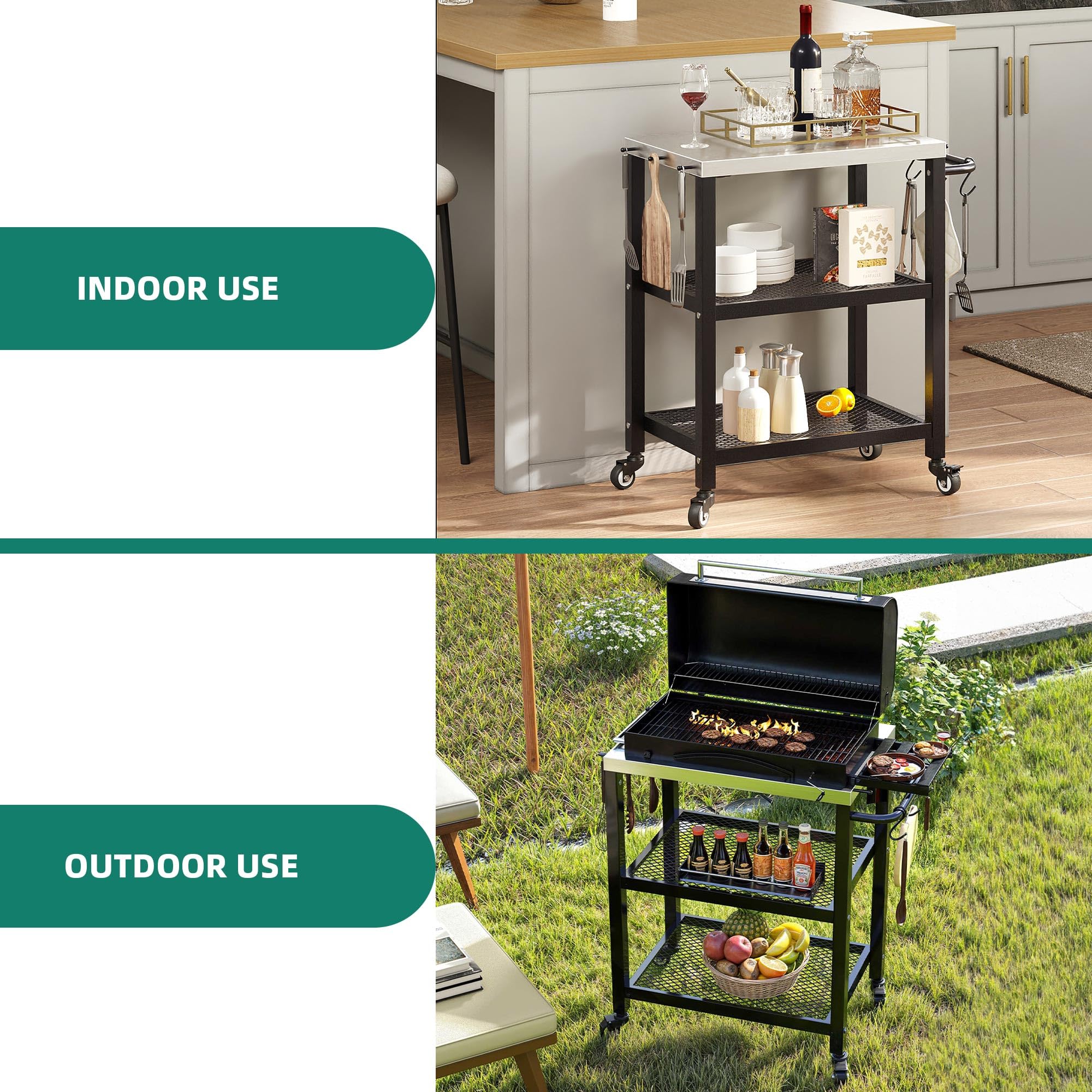 YITAHOME Outdoor Grill Table with Hooks & Side Handle - Portable BBQ Prep Cart for Pizza Oven, Patio, Garden & Kitchen - Durable Sliver & Black Design for Backyard Cooking & Entertaining