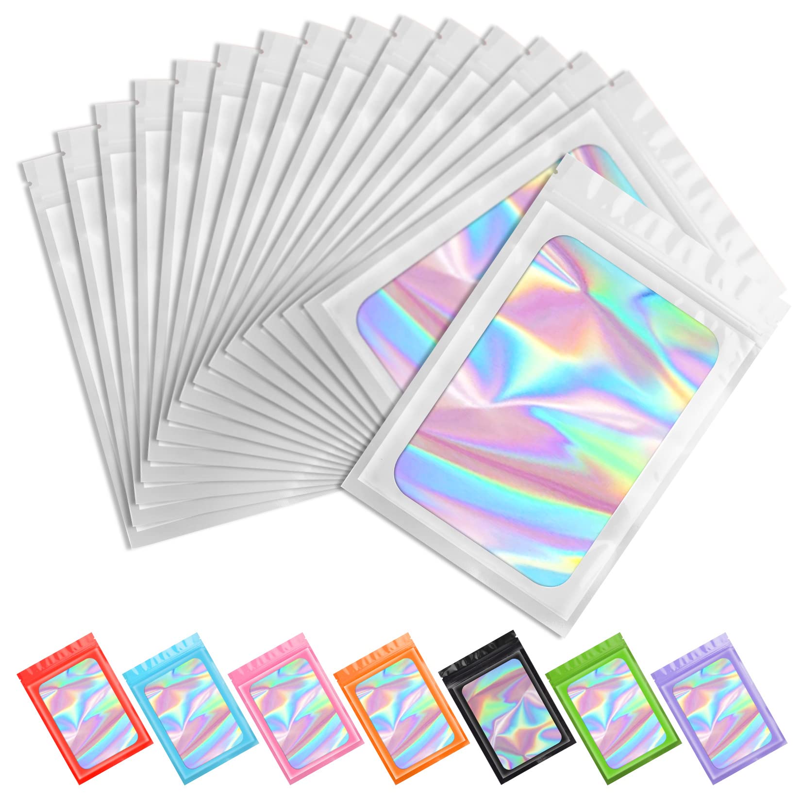 Funfery 100 Pack White Smell Proof Mylar Holographic Bags - 3x4.7 Inch Resealable Odor Proof Foil Pouch for Food Storage, Lip Gloss, Jewelry & Eyelash Packaging - Perfect for Small Business & Home Organization