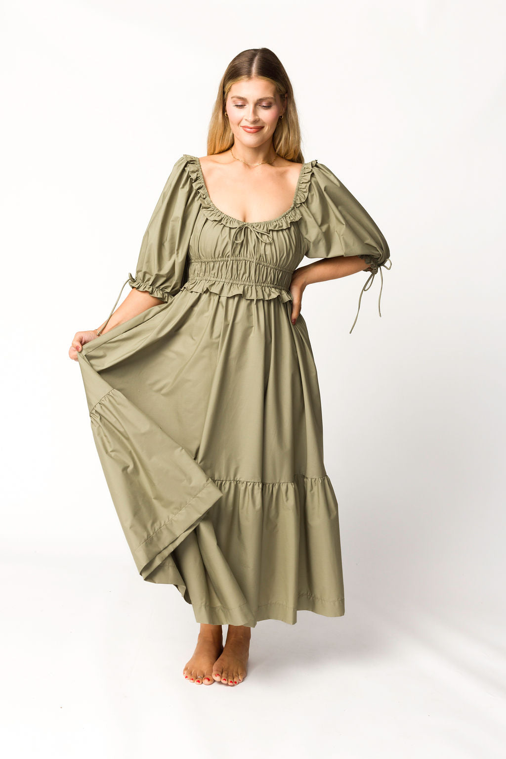 Crissy Ruched Midi Dress in Dusty Olive - Bump Friendly Maternity Dress for Women, Stretchy Bodycon Dress for Pregnancy & Nursing - Perfect for Baby Showers, Date Nights & Special Occasions