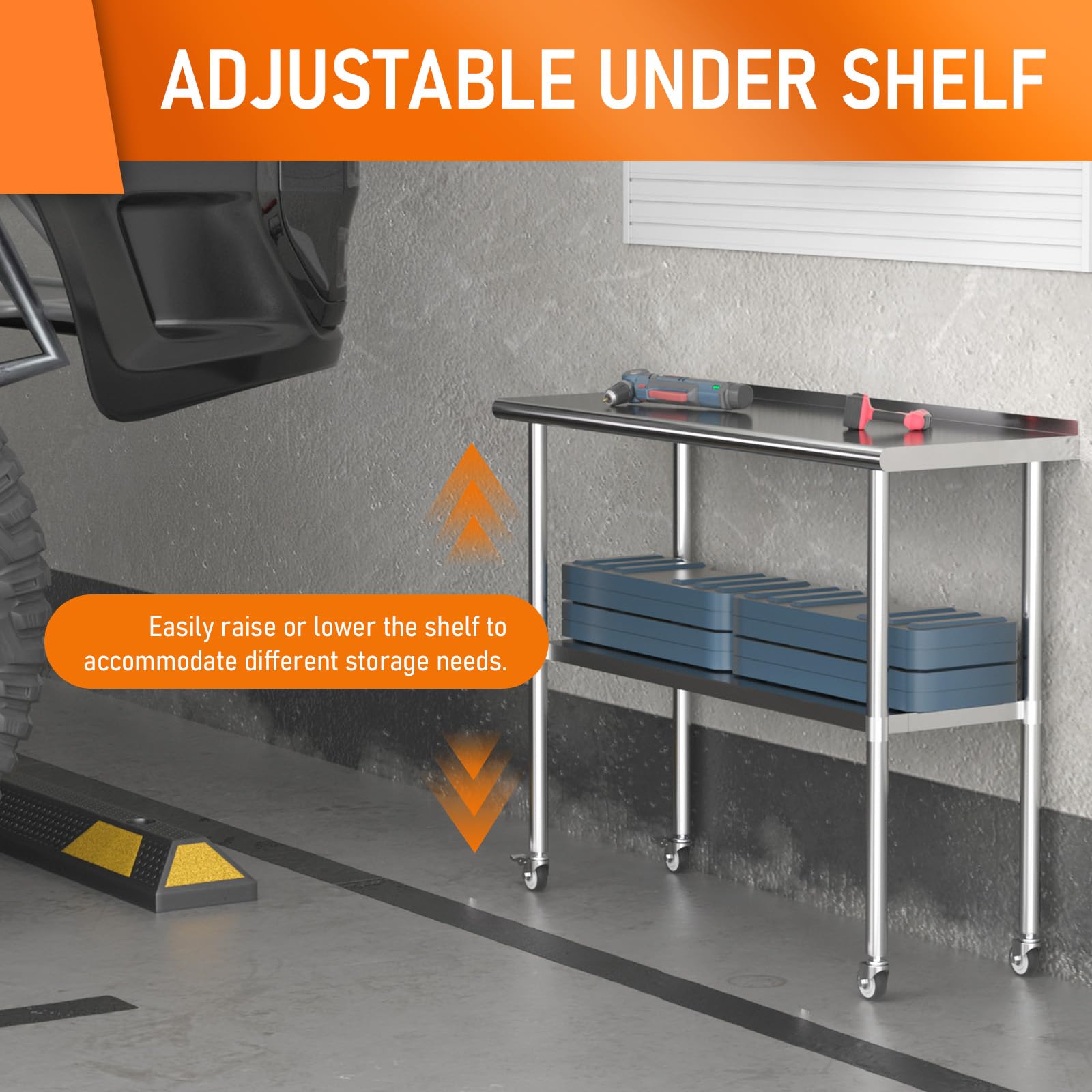 Stainless Steel Prep & Work Table with Adjustable Shelf, Backsplash & Wheels - 18