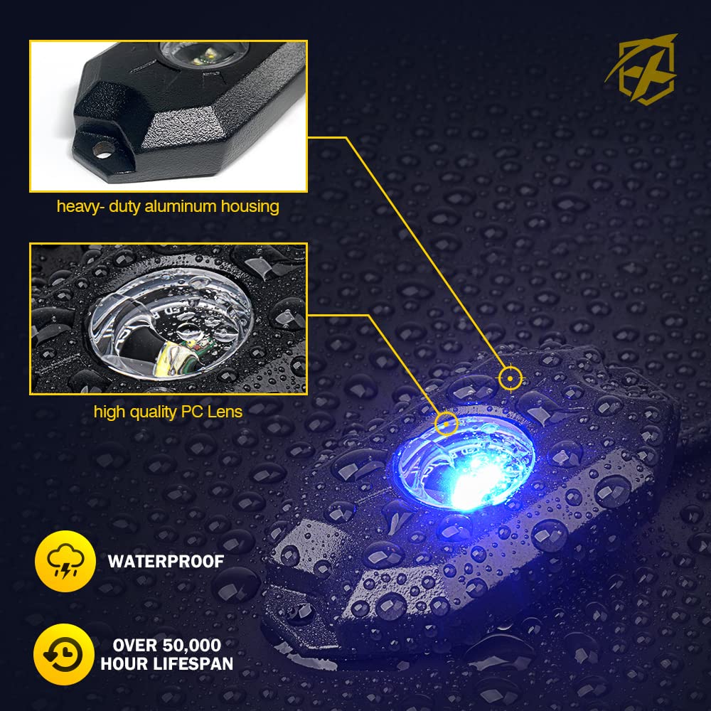 Xprite RGBW LED Rock Lights Kit with Bluetooth & Wireless Remote - 8 Pods Multicolor Underglow Lights for Cars, Trucks, SUVs, UTVs, ATVs, Motorcycles & Boats - Perfect for Off-Roading, Car Shows & Night Cruising
